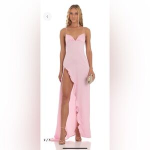 Lucy in the Sky Siobhán Satin Ruffle Maxi Dress in Pink size XXS